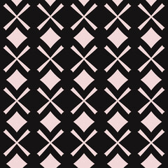 Black background and crosses with rhombuses. Vector white repeated shapes.