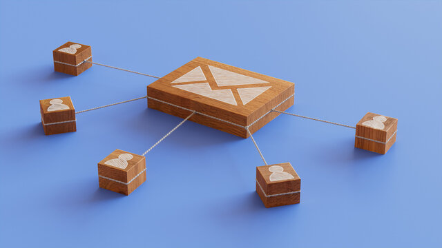 Email Technology Concept with Envelope Symbol on a Wooden Block. User Network Connections are Represented with White string. Blue background. 3D Render.