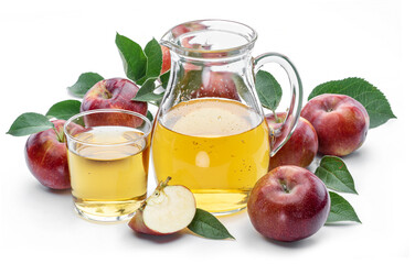 Glass and carafe of fresh apple juice and organic apples isolated on white background.