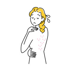 スキンケア 背中にポツポツ（吹き出物・ニキビ）が出来て悲しんでいる可愛い女性 イラスト シンプル ベクター