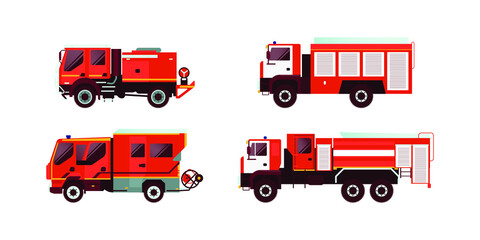 Set of Various Type of Red Fire Truck Emergency Vehicle. Modern Flat Style Vector Illustration.