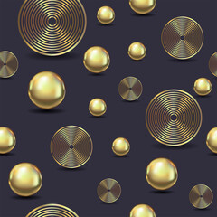 Abstract seamless pattern of gold balls and circles on a blue background.