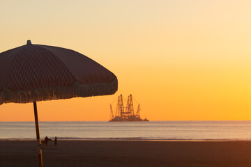 Fototapeta na wymiar Heavy industry wind turbine installation barge off the Dutch coast, building an offshore wind park for wind energy 