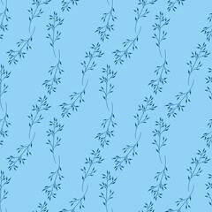 Seamless pattern with dark blue branches on light blue color background. Vector image.