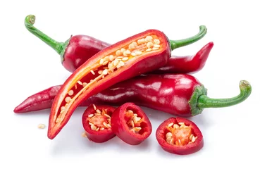 Fotobehang Fresh red chilli pepper and cross sections of chilli pepper with seeds isolated on white background. © volff