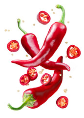 Fresh red chilli pepper and cross section of chilli pepper with seeds isolated on white background....