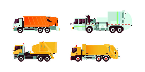 Set of Various Type of Garbage Truck Vehicle. Modern Flat Style Vector Illustration.