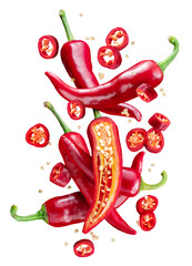 Fresh red chilli peppers and pepper slices floating in the air. File contains clipping paths. - obrazy, fototapety, plakaty