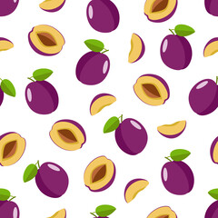 Seamless Pattern Ripe plum whole in a purple peel, half a plum with a stone and a plum slice. Vector illustration of delicious berries.