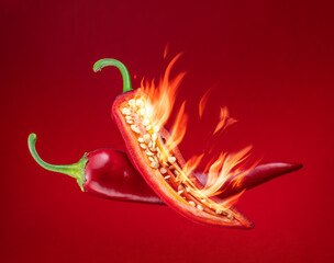 Fresh red chilli pepper in fire as a symbol of burning feeling of spicy food and spices. Red background. - obrazy, fototapety, plakaty