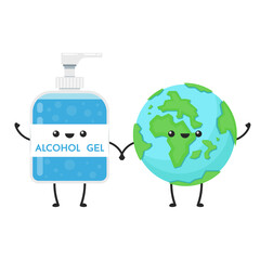 Fototapeta premium Hand wash gel vector. Alcohol gel and Earth character design. Hand wash gel and Virus vector.