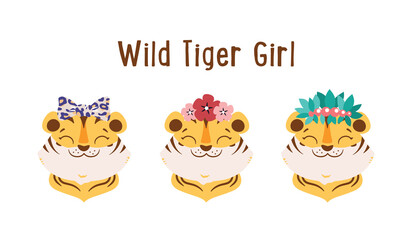 The wild tiger girls with flowers, bow, leaves