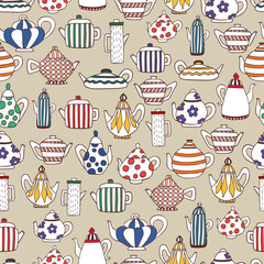 Teapot pattern. Tea time backdrop. Hand drawn sketch style teapots background. Color kettle print. Teapot silhouette. Hand draw teapot fabric, textile template. Doodle style drawn teapot vector
