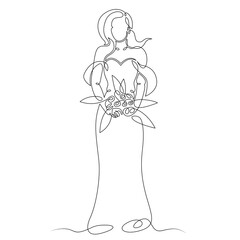 Woman with a large bouquet of flowers.One continuous line.Female character at the wedding with flowers. One continuous drawing line logo isolated minimal illustration.