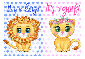 Cartoon lion with expressive eyes. Wild animals, character, childish cute style