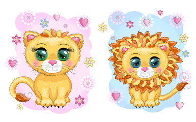 Cartoon lion with expressive eyes. Wild animals, character, childish cute style