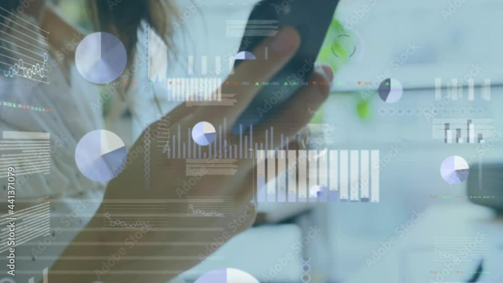 Poster animation of data processing over businesswoman using smartphone