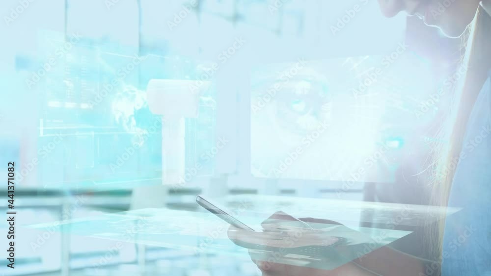 Poster animation of data processing over businesswoman using smartphone