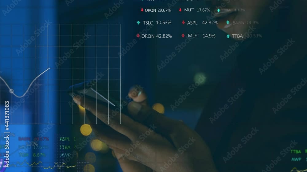 Poster animation of data processing over businesswoman using smartphone