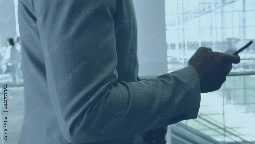 Poster animation of data processing over businessman using smartphone