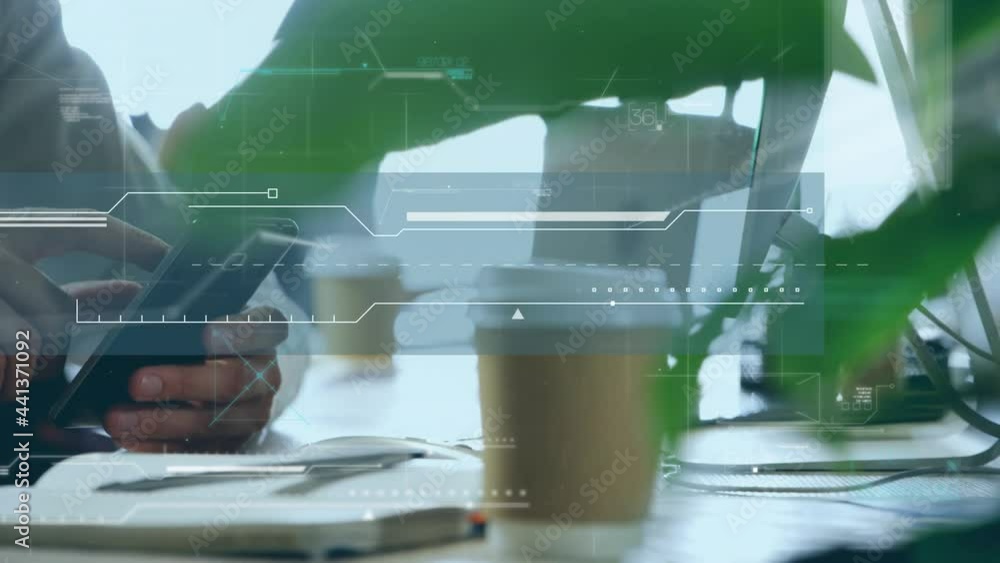 Poster animation of data processing over businesswoman using smartphone