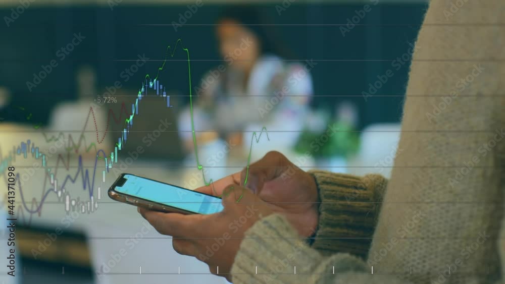 Poster animation of data processing over businesswoman using smartphone
