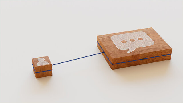 Text Technology Concept with sms Symbol on a Wooden Block. User Network Connections are Represented with Blue string. White background. 3D Render.