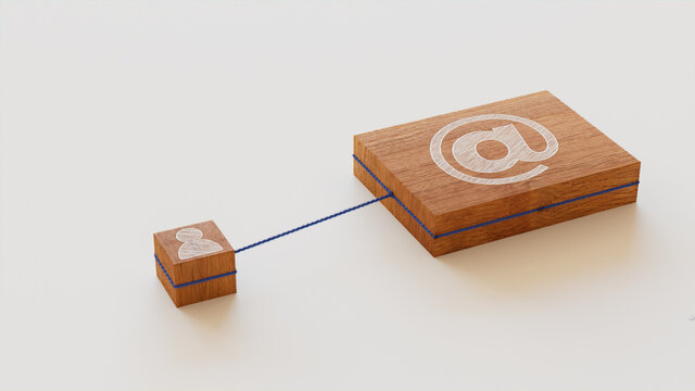 Email Technology Concept with @ Symbol on a Wooden Block. User Network Connections are Represented with Blue string. White background. 3D Render.