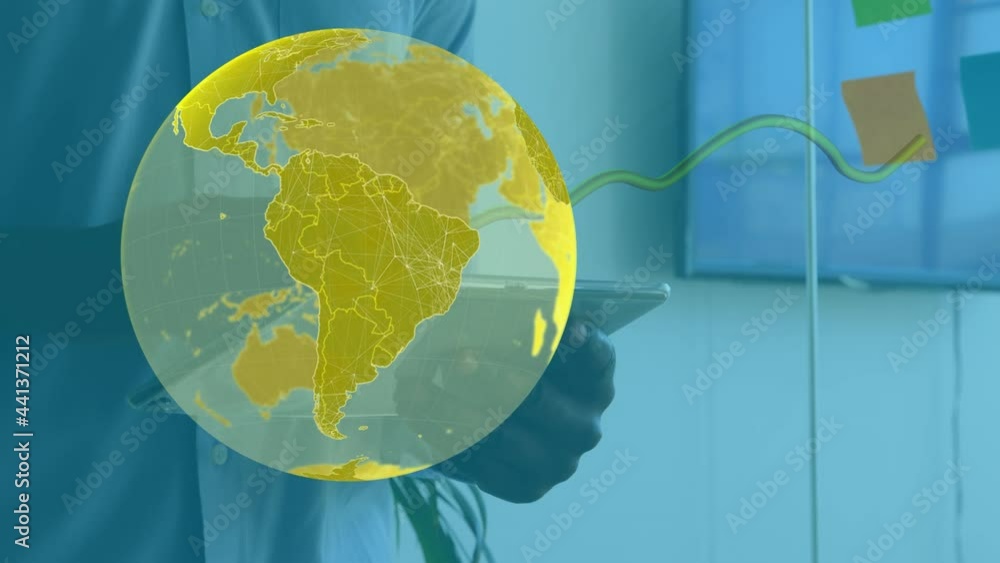 Poster animation of globe and data processing over businessman using tablet