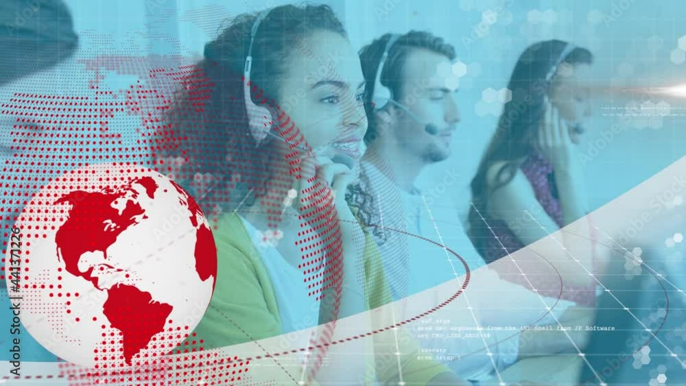 Poster animation of globe with network of connections over people using phone headsets
