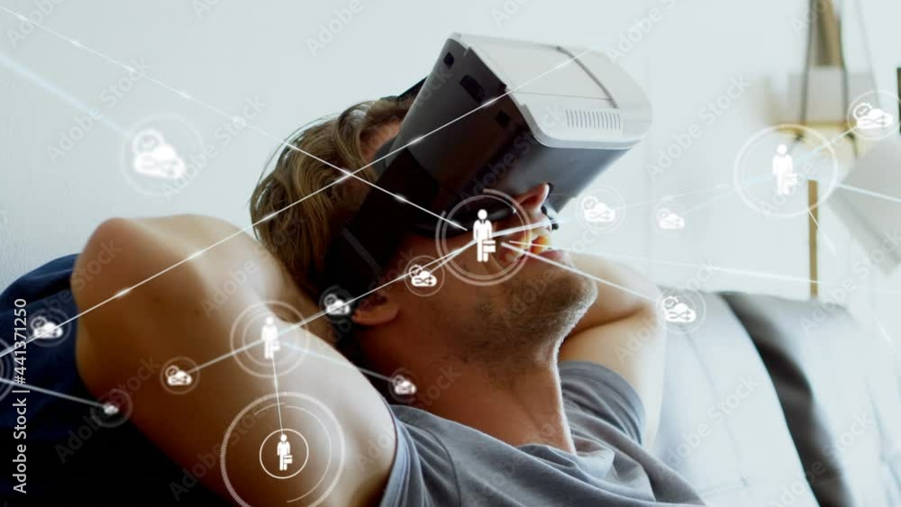Poster animation of network of connections with icons over man wearing vr headset