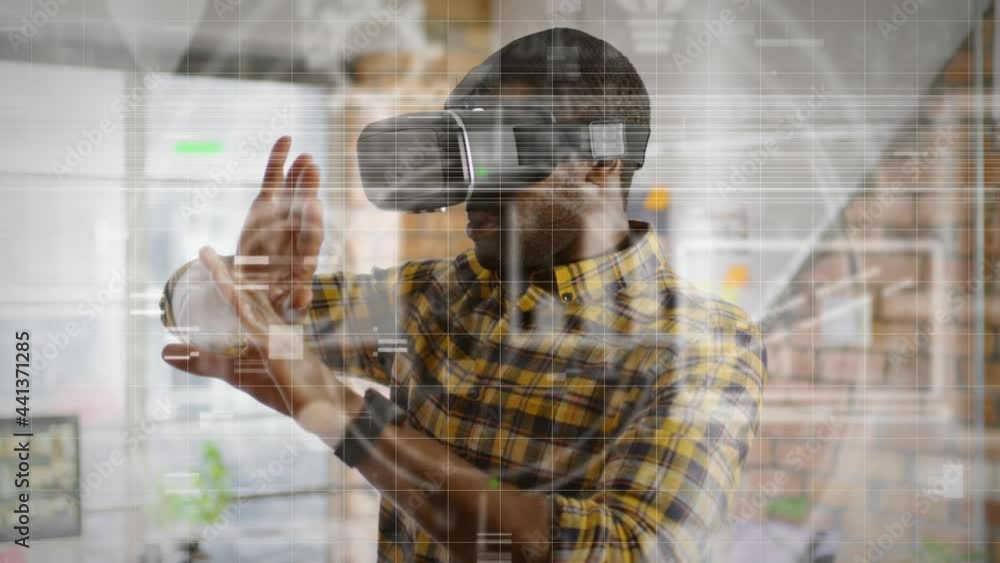 Poster animation of network of connections and data processing over man using vr headset