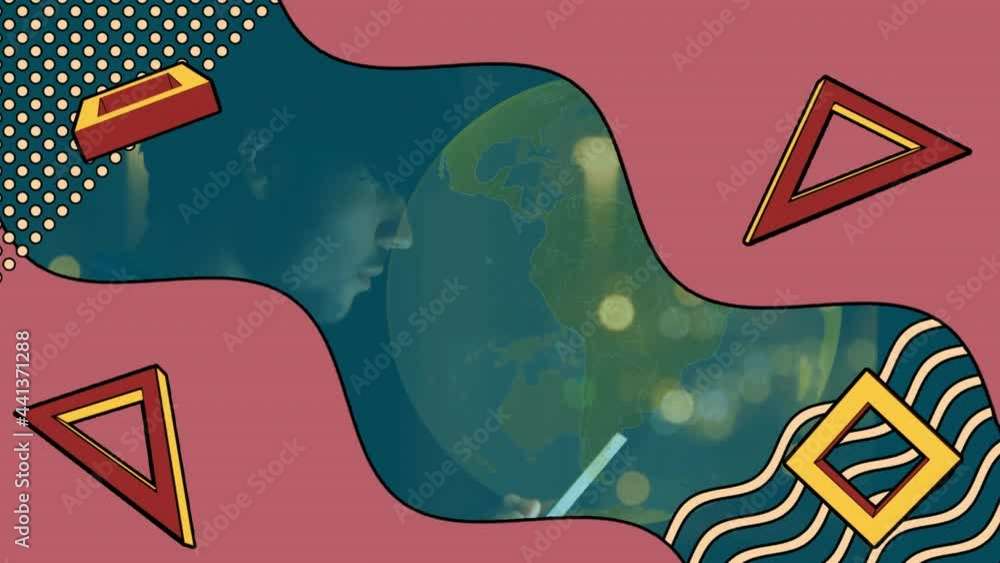 Poster animation of globe and retro shapes over businessman using tablet