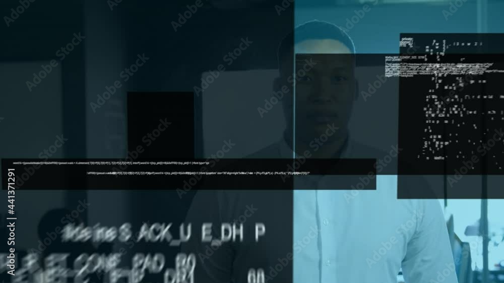 Poster animation of globe and data processing on screens over businessman