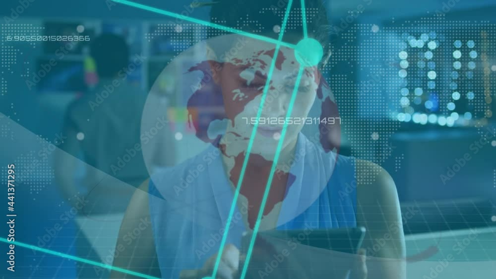 Poster animation of globe and data processing over busiensswoman using tablet