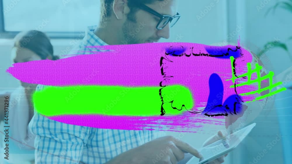 Aufkleber animation of globe and squiggles over businessman using tablet