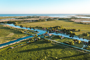 Aerial view of Minge village in Neman delta regional park in Lithuania.