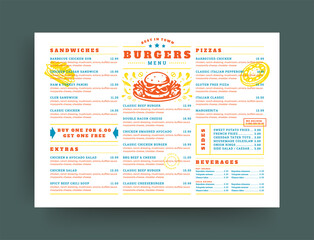 Burger restaurant menu layout design brochure or food flyer template vector illustration