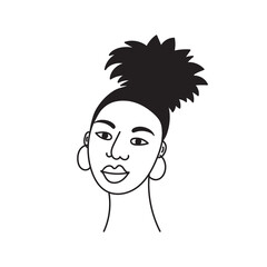 African american woman face, hand drawn logo of negroid race woman with curly hair.Social media avatar, simple icon.Doodle style, minimalism.Isolated.Vector Illustration