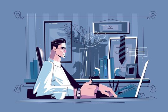 Businessman sitting at workplace vector illustration. Man in biz suit and glasses working with computer in cabinet flat style concept. Modern office interior.