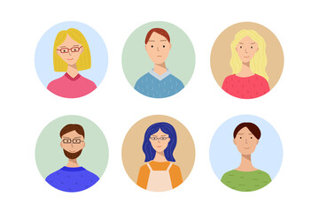 Set of different avatars with men and women. Portraits of people of different ages and looks. Trendy style illustration for icon, avatars, portrait design.