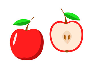 Fresh red apple and half apple, vector illustration of ripe fruit.