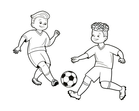 Coloring book, Teenage soccer players kicks soccer ball.Vector illustration in flat cartoon style, comic