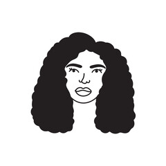 African american woman face, hand drawn logo of negroid race woman with curly hair.Social media avatar, simple icon.Doodle style, minimalism.Isolated.Vector Illustration