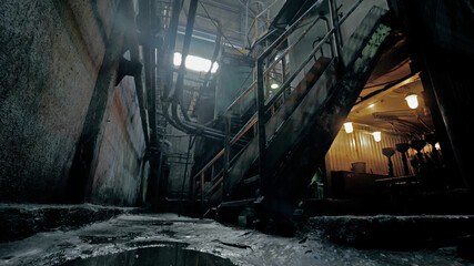 Abandoned industrial interior in dark colors with glowing lights