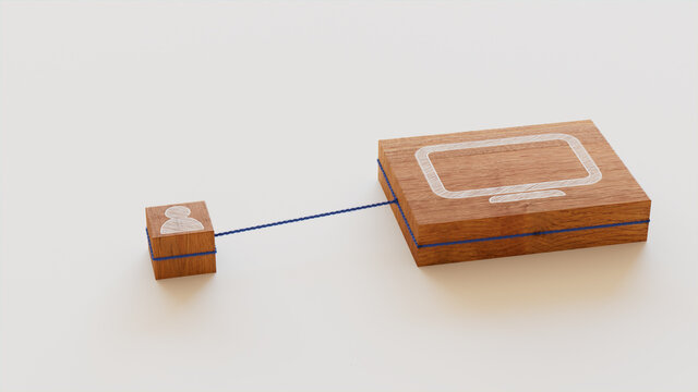 Display Technology Concept with Monitor Symbol on a Wooden Block. User Network Connections are Represented with Blue string. White background. 3D Render.