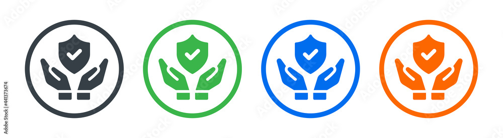 Poster hand holding shield with a checkmark in the middle vector icon. protection concept symbol.