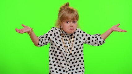 No idea, I dont know answer. Puzzled clueless uncertain blonde kid child raising hands in helpless gesture, embarrassed confused by difficult question. Teenager children girl on chroma key background
