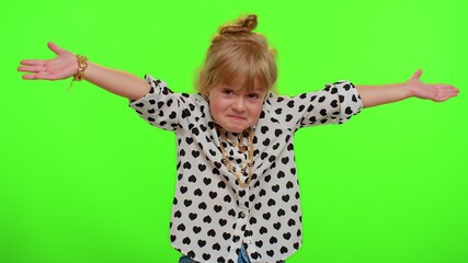 No idea, I dont know answer. Puzzled clueless uncertain blonde kid child raising hands in helpless gesture, embarrassed confused by difficult question. Teenager children girl on chroma key background