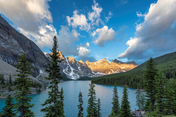 Beautiful sunrise at Rocky Mountains in Moraine lake, Banff National Park, Canada.